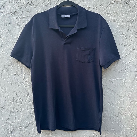 VERSACE Polo Shirt Men Size Large Pocket Medusa Logo Preppy Designer Navy - Picture 1 of 7